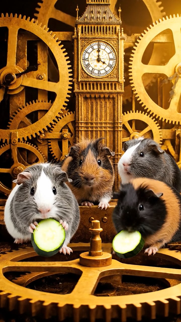 1219. Realistic image of 4 smooth-haired White Crested guinea pigs with gray, black, and brown fur, eating zucchini slices, inside a Big Ben clock mechanism with giant gears turning.