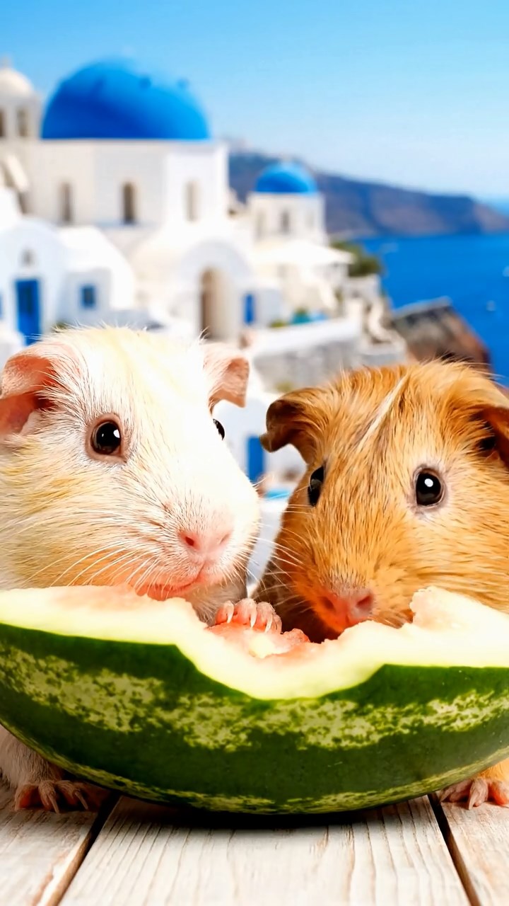 1220. Highly detailed view of 2 smooth-haired Skinny guinea pigs in cream and fawn colors, nibbling on watermelon rind, on a picturesque Santorini cliff villa with blue domes and sea views.