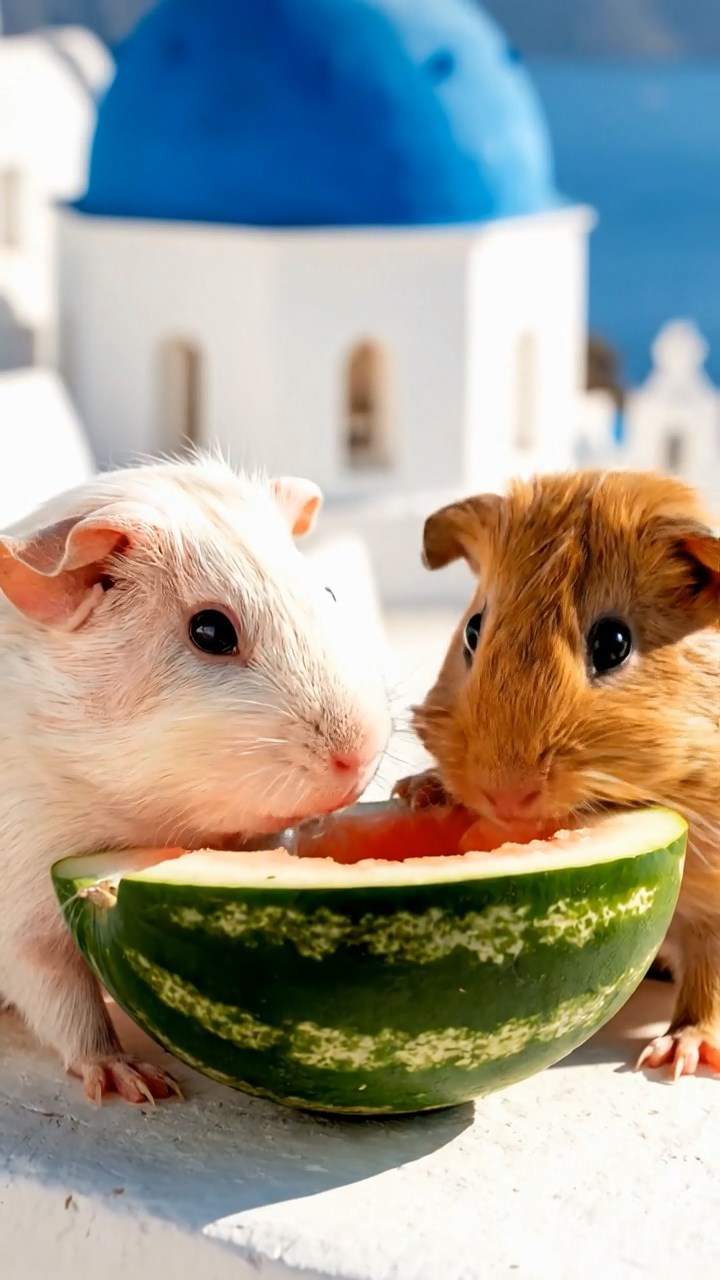 1220. Highly detailed view of 2 smooth-haired Skinny guinea pigs in cream and fawn colors, nibbling on watermelon rind, on a picturesque Santorini cliff villa with blue domes and sea views.