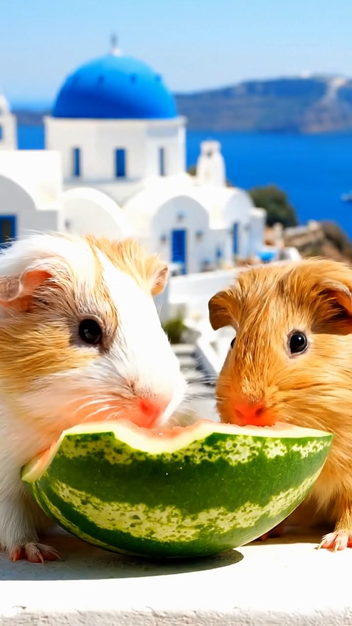 1220. Highly detailed view of 2 smooth-haired Skinny guinea pigs in cream and fawn colors, nibbling on watermelon rind, on a picturesque Santorini cliff villa with blue domes and sea views.