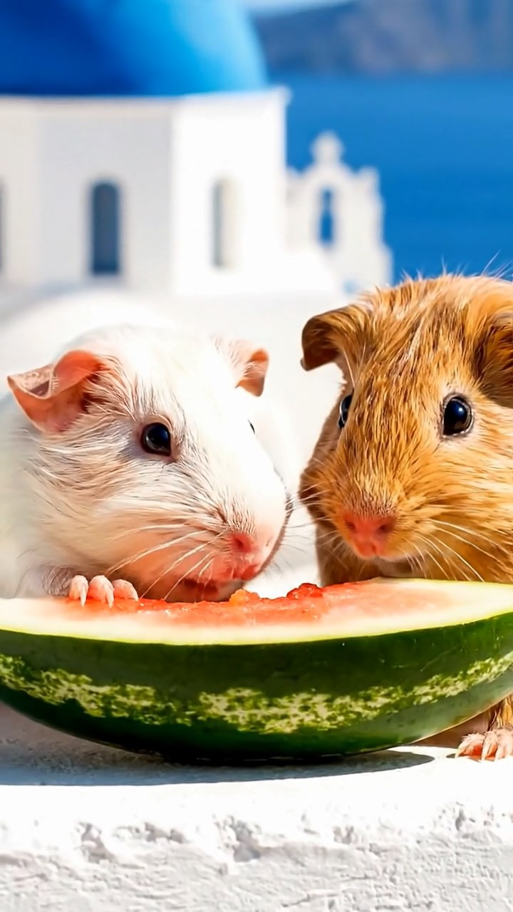 1220. Highly detailed view of 2 smooth-haired Skinny guinea pigs in cream and fawn colors, nibbling on watermelon rind, on a picturesque Santorini cliff villa with blue domes and sea views.