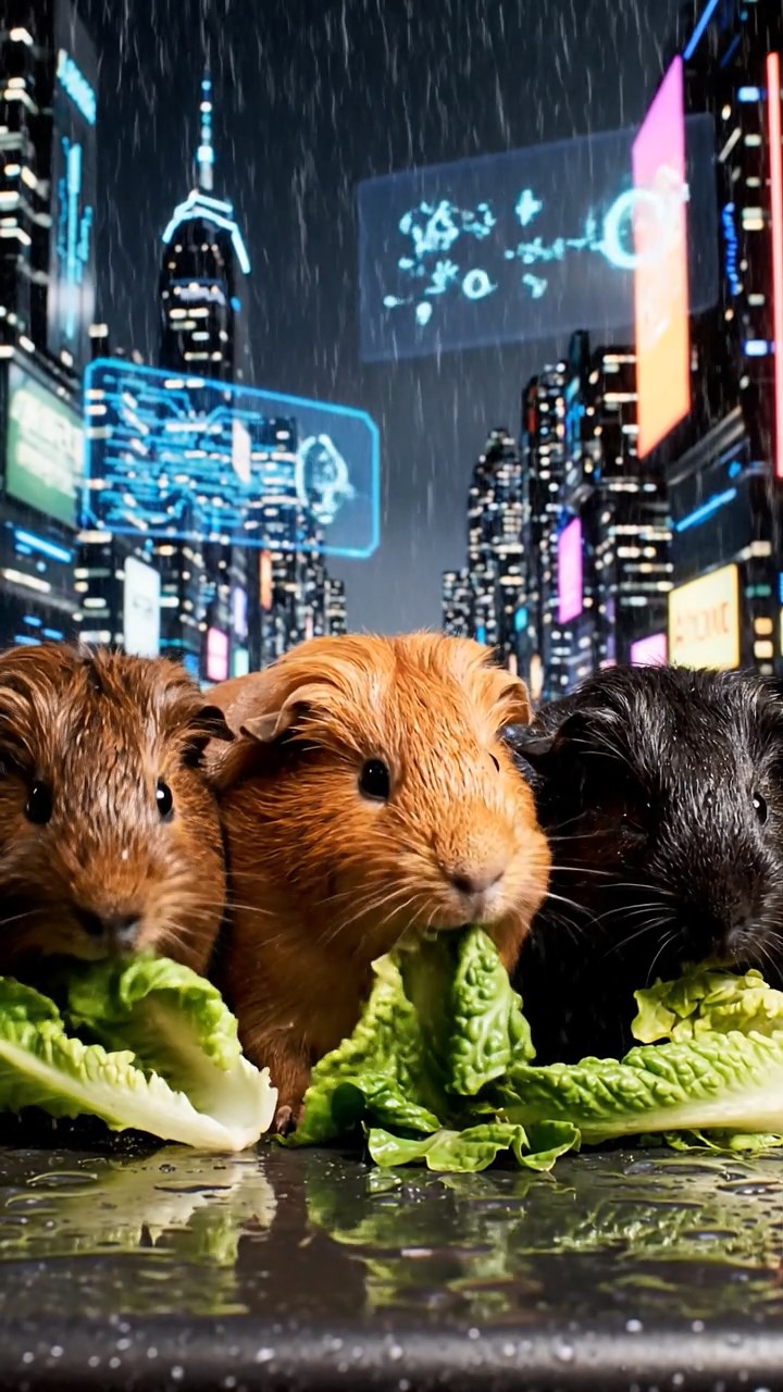 1221. Photorealistic scene of 3 smooth-haired American guinea pigs with chocolate, cinnamon, and sable fur, chewing on romaine lettuce, in a dystopian cyber city with holographic projections and rain.