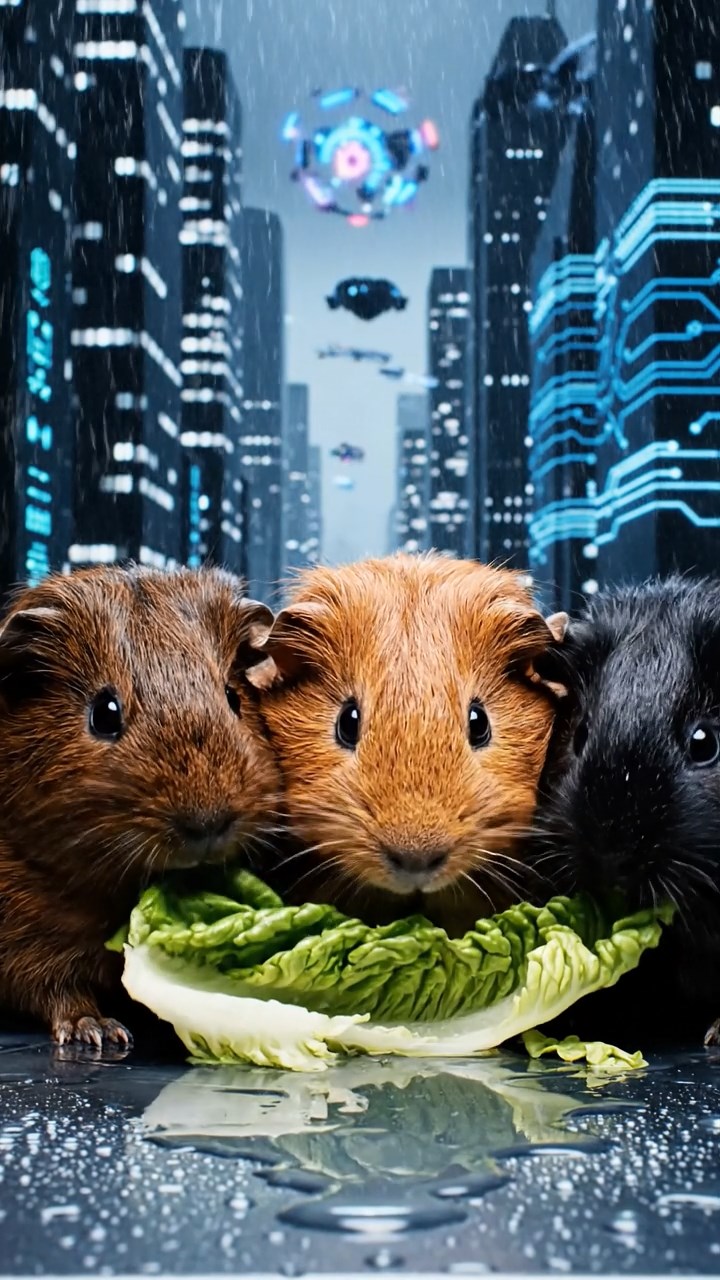1221. Photorealistic scene of 3 smooth-haired American guinea pigs with chocolate, cinnamon, and sable fur, chewing on romaine lettuce, in a dystopian cyber city with holographic projections and rain.