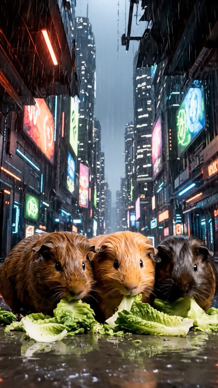 1221. Photorealistic scene of 3 smooth-haired American guinea pigs with chocolate, cinnamon, and sable fur, chewing on romaine lettuce, in a dystopian cyber city with holographic projections and rain.