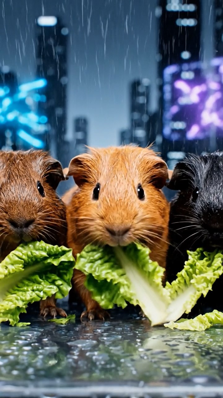 1221. Photorealistic scene of 3 smooth-haired American guinea pigs with chocolate, cinnamon, and sable fur, chewing on romaine lettuce, in a dystopian cyber city with holographic projections and rain.