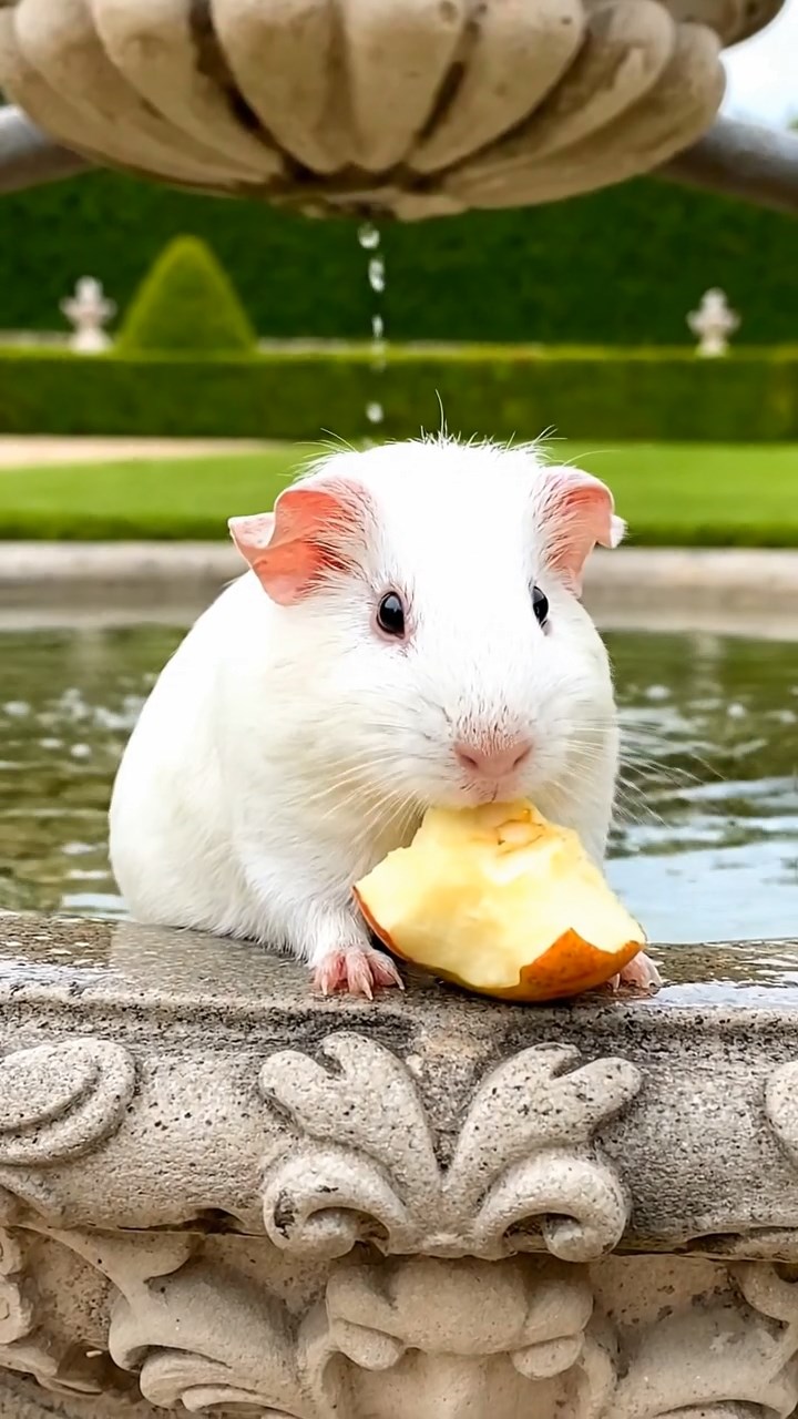 1222. Realistic depiction of 1 smooth-haired Abyssinian guinea pig with white fur, munching on apple cores, on a Versailles palace garden fountain with manicured hedges.
