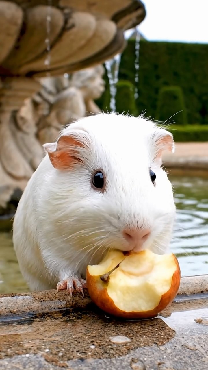 1222. Realistic depiction of 1 smooth-haired Abyssinian guinea pig with white fur, munching on apple cores, on a Versailles palace garden fountain with manicured hedges.