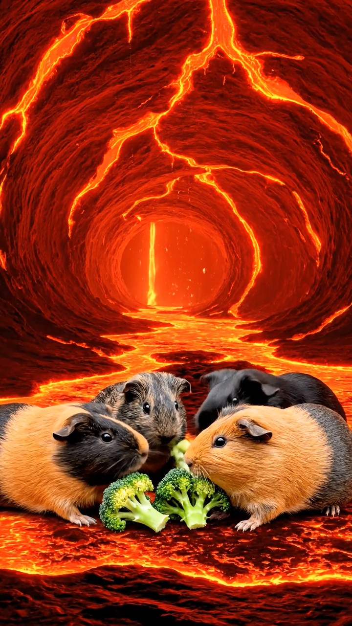 1223. Detailed photo of 4 smooth-haired Peruvian guinea pigs featuring orange, gray, and black coats, sharing broccoli florets, inside a molten lava cave with rivers of magma flowing.