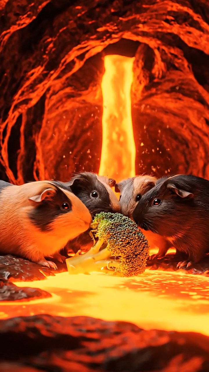 1223. Detailed photo of 4 smooth-haired Peruvian guinea pigs featuring orange, gray, and black coats, sharing broccoli florets, inside a molten lava cave with rivers of magma flowing.
