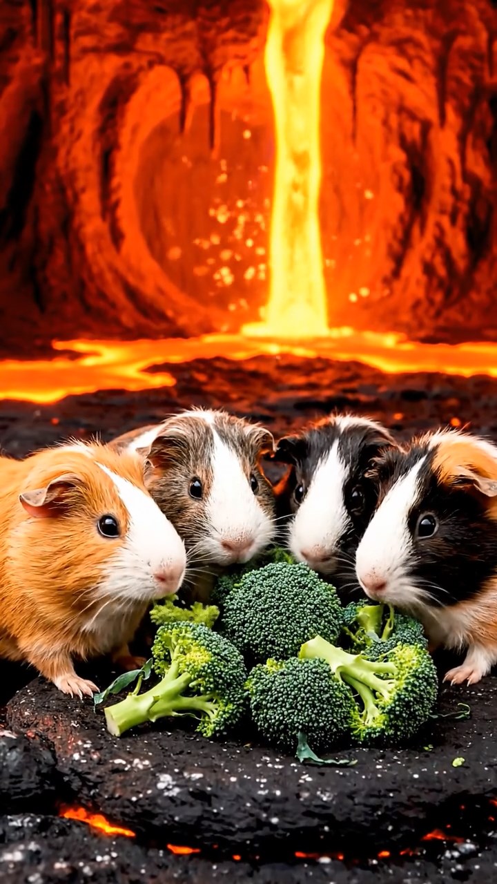 1223. Detailed photo of 4 smooth-haired Peruvian guinea pigs featuring orange, gray, and black coats, sharing broccoli florets, inside a molten lava cave with rivers of magma flowing.