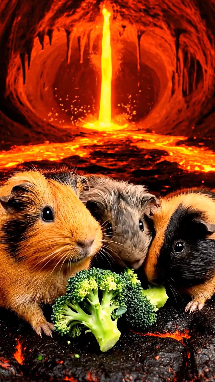 1223. Detailed photo of 4 smooth-haired Peruvian guinea pigs featuring orange, gray, and black coats, sharing broccoli florets, inside a molten lava cave with rivers of magma flowing.