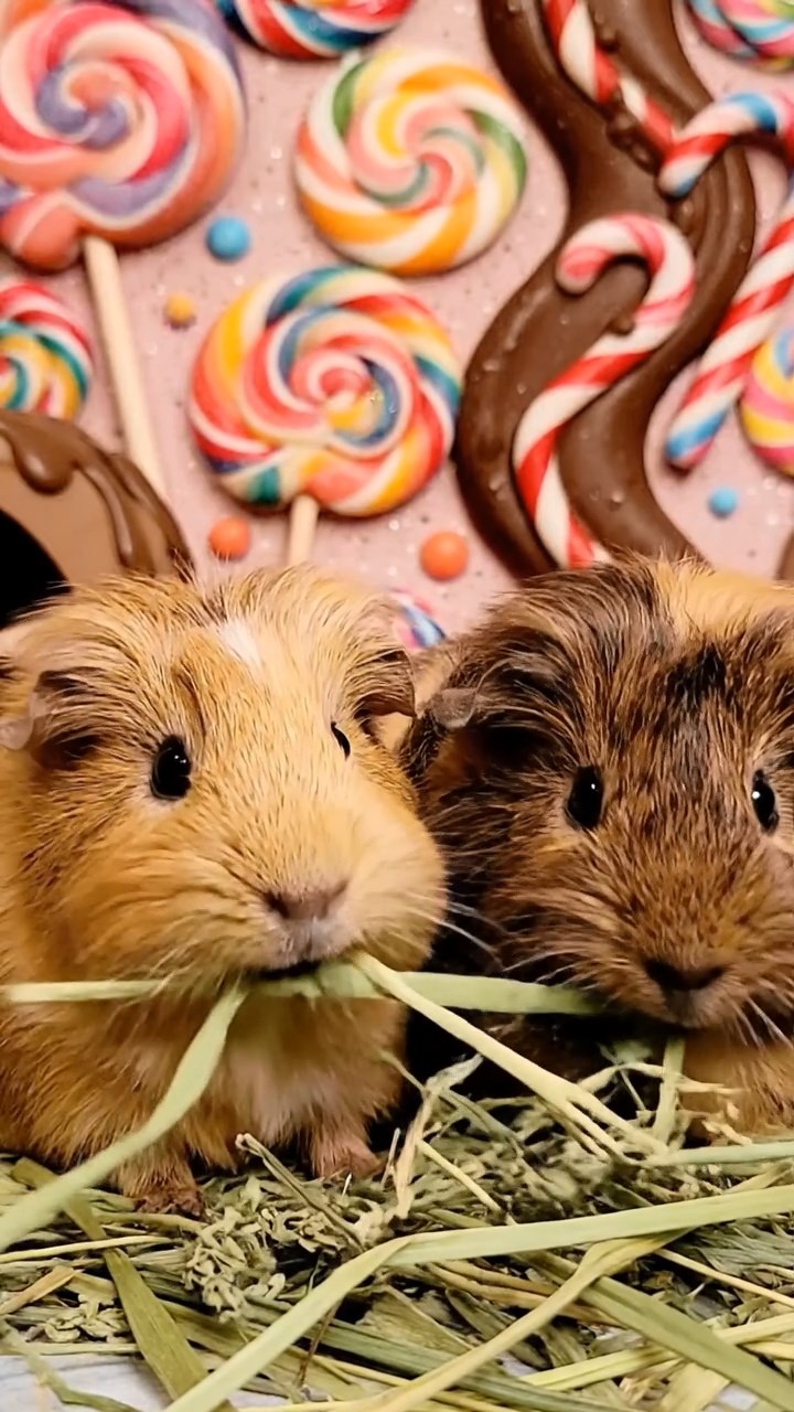 1224. Photorealistic image of 2 smooth-haired Silkie guinea pigs with brown and cream fur, eating dried orchard grass, in a Charlie and the Chocolate Factory room with edible wallpaper.