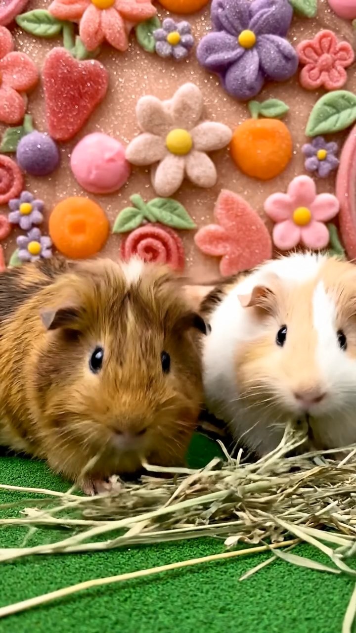 1224. Photorealistic image of 2 smooth-haired Silkie guinea pigs with brown and cream fur, eating dried orchard grass, in a Charlie and the Chocolate Factory room with edible wallpaper.