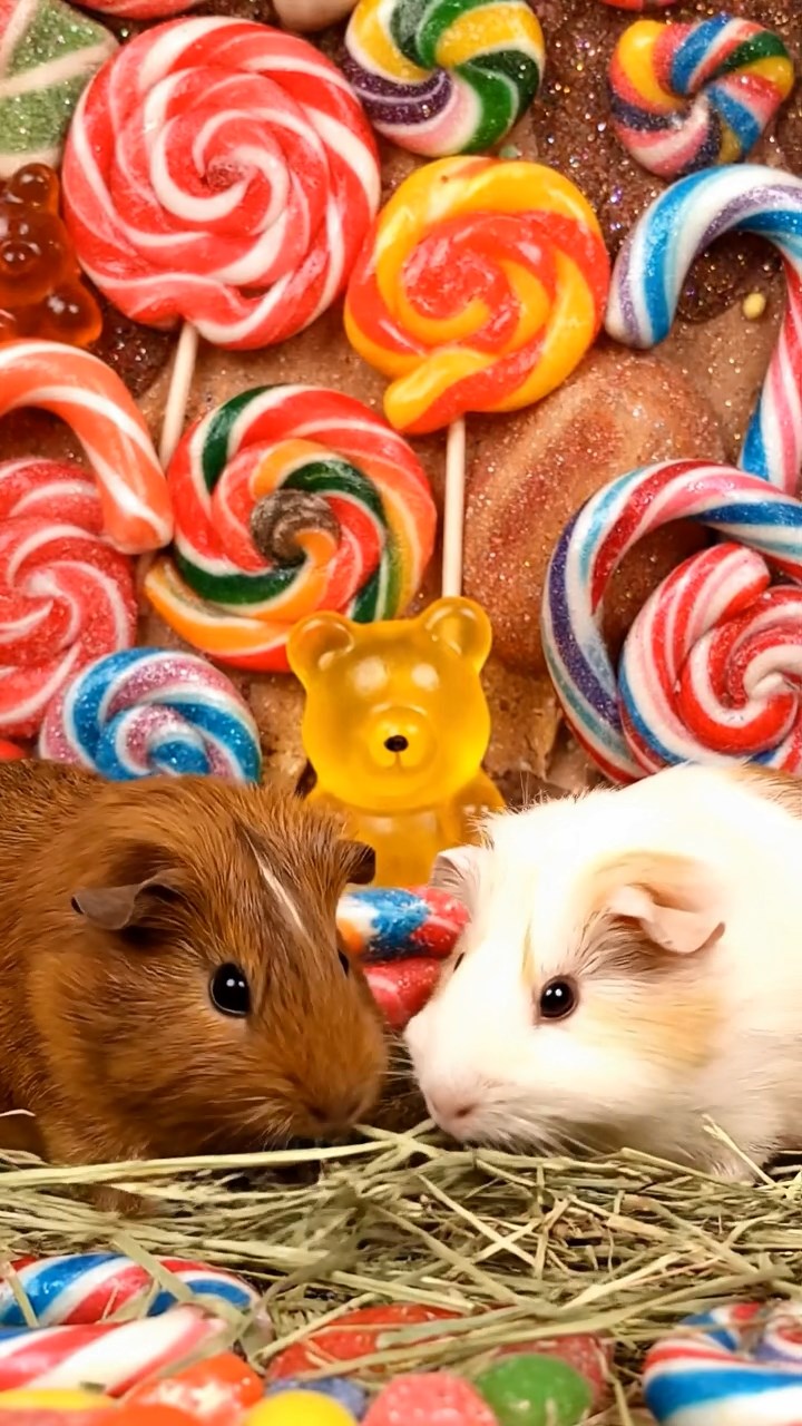1224. Photorealistic image of 2 smooth-haired Silkie guinea pigs with brown and cream fur, eating dried orchard grass, in a Charlie and the Chocolate Factory room with edible wallpaper.