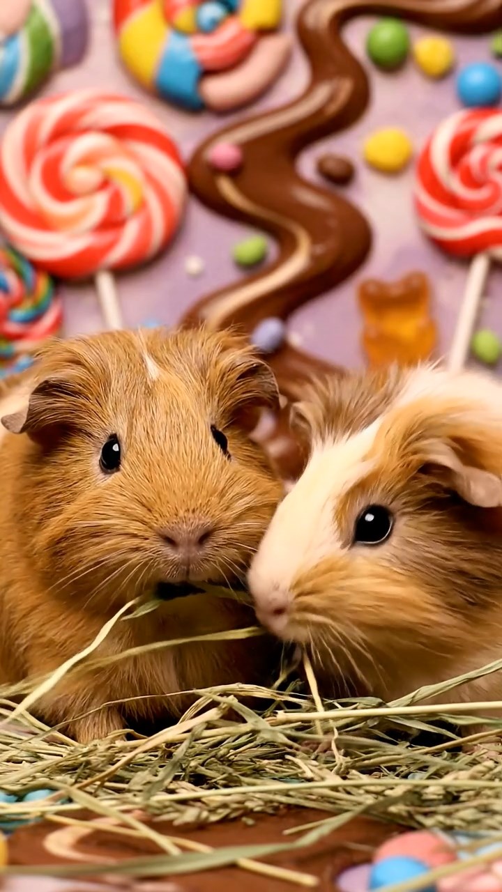 1224. Photorealistic image of 2 smooth-haired Silkie guinea pigs with brown and cream fur, eating dried orchard grass, in a Charlie and the Chocolate Factory room with edible wallpaper.