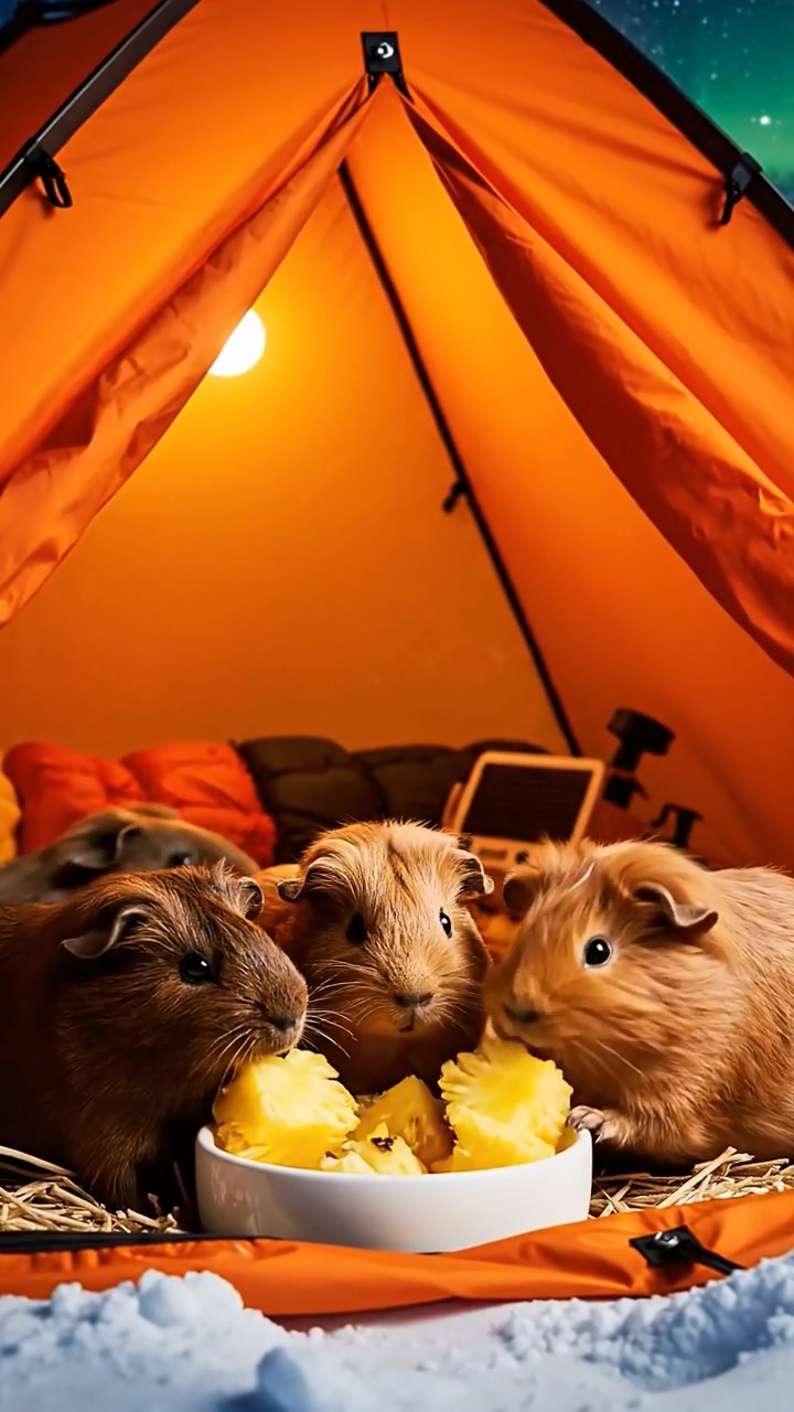 1225. Realistic scene of 5 smooth-haired Teddy guinea pigs in fawn, chocolate, and cinnamon colors, nibbling on pineapple chunks, on a South Pole expedition tent with auroras overhead.
