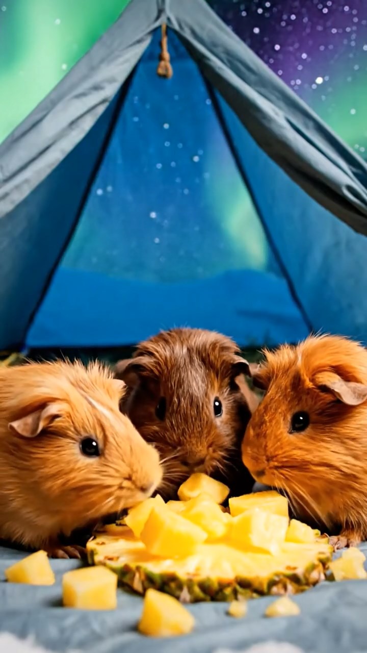 1225. Realistic scene of 5 smooth-haired Teddy guinea pigs in fawn, chocolate, and cinnamon colors, nibbling on pineapple chunks, on a South Pole expedition tent with auroras overhead.