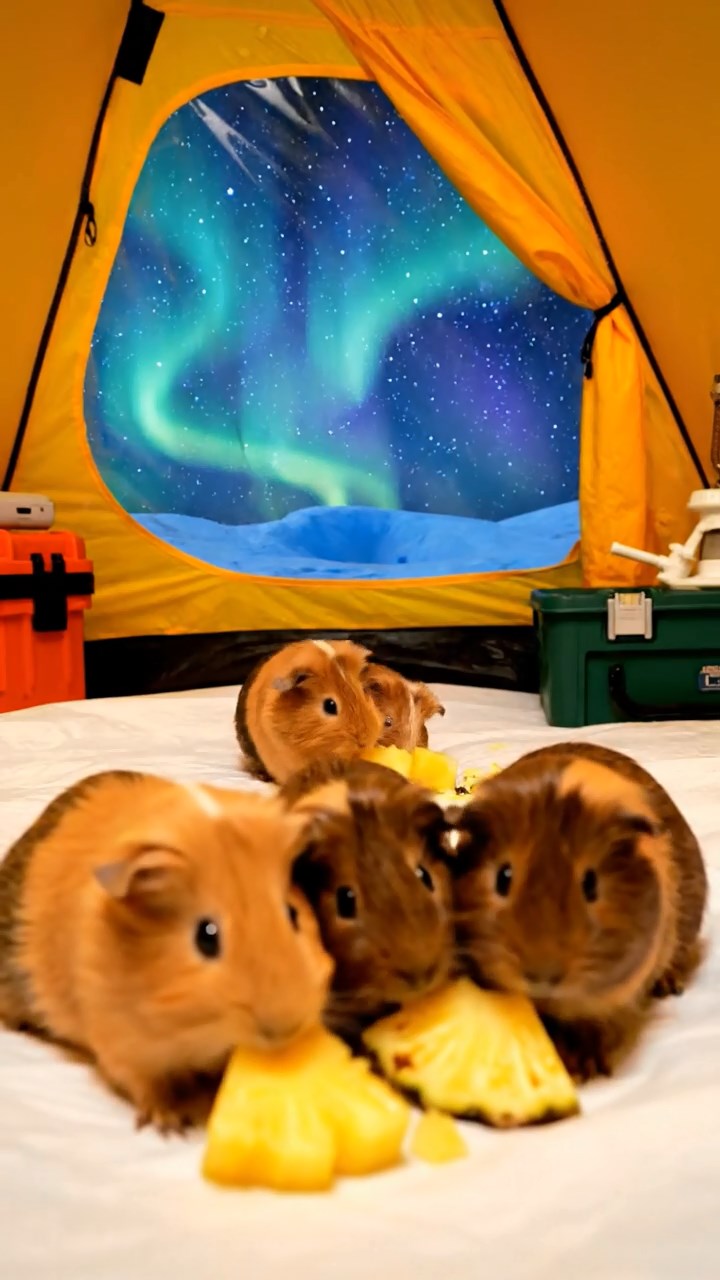 1225. Realistic scene of 5 smooth-haired Teddy guinea pigs in fawn, chocolate, and cinnamon colors, nibbling on pineapple chunks, on a South Pole expedition tent with auroras overhead.