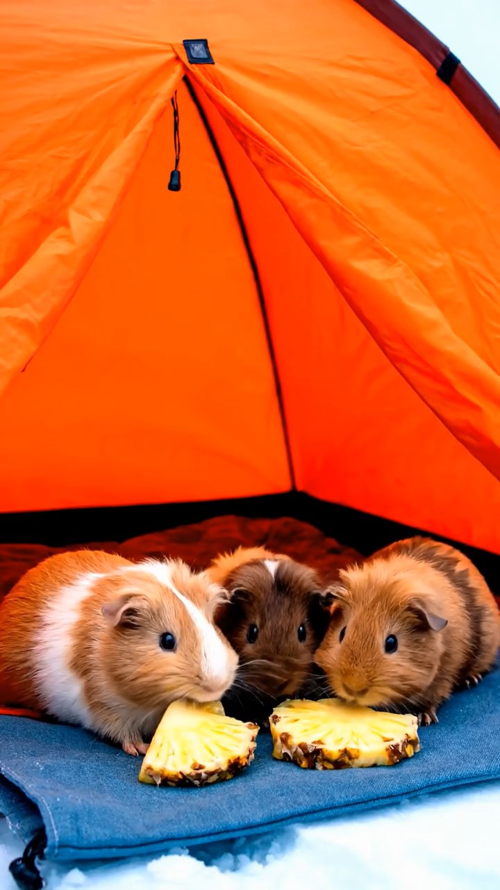 1225. Realistic scene of 5 smooth-haired Teddy guinea pigs in fawn, chocolate, and cinnamon colors, nibbling on pineapple chunks, on a South Pole expedition tent with auroras overhead.