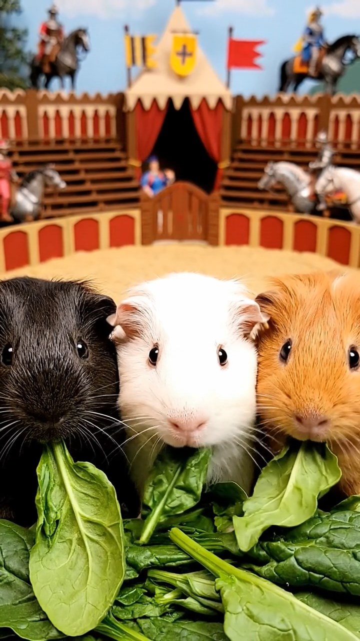 1226. Highly detailed view of 3 smooth-haired Texel guinea pigs with sable, white, and orange fur, chewing on spinach, in a Renaissance fair joust arena with armored horses.