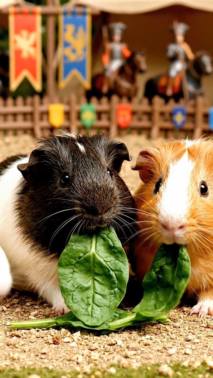 1226. Highly detailed view of 3 smooth-haired Texel guinea pigs with sable, white, and orange fur, chewing on spinach, in a Renaissance fair joust arena with armored horses.