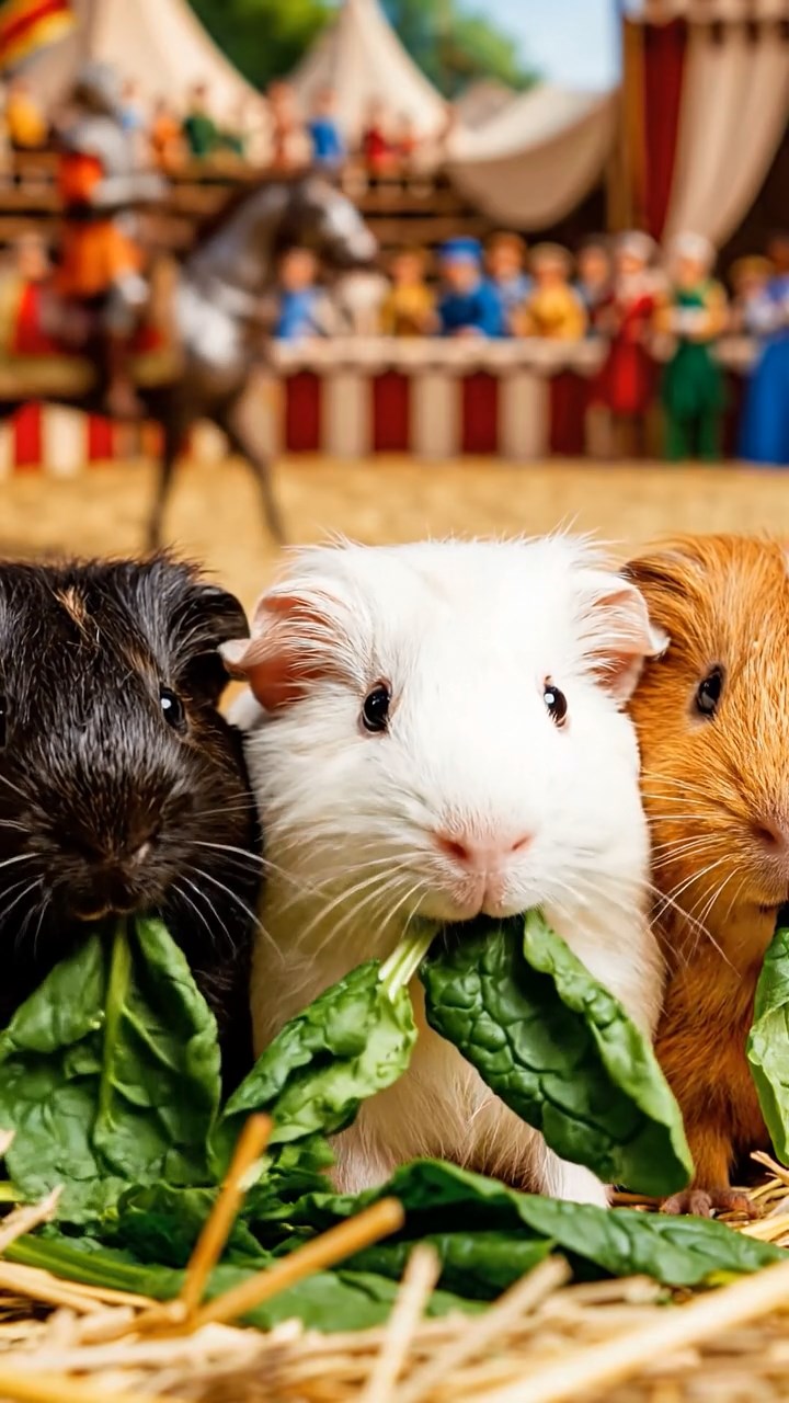 1226. Highly detailed view of 3 smooth-haired Texel guinea pigs with sable, white, and orange fur, chewing on spinach, in a Renaissance fair joust arena with armored horses.