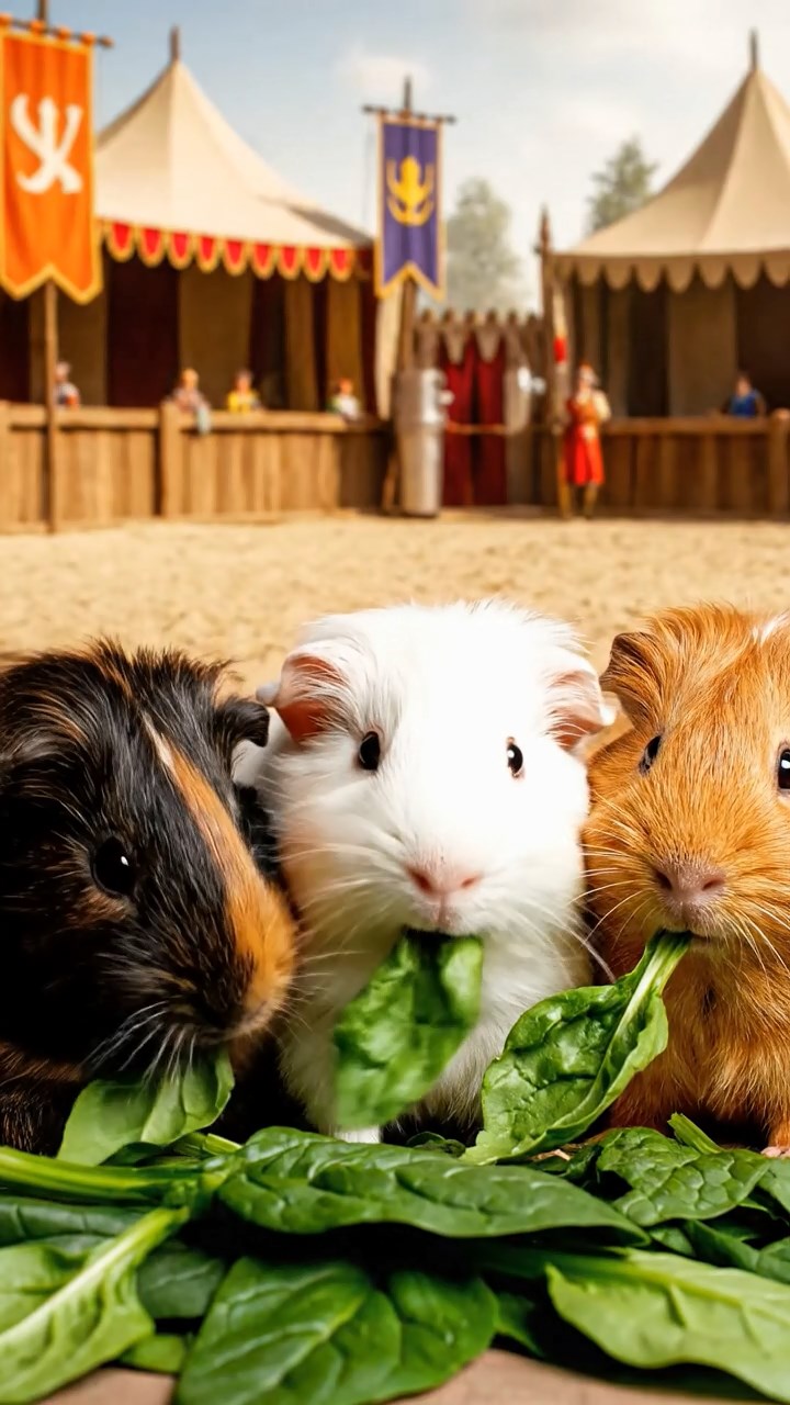 1226. Highly detailed view of 3 smooth-haired Texel guinea pigs with sable, white, and orange fur, chewing on spinach, in a Renaissance fair joust arena with armored horses.