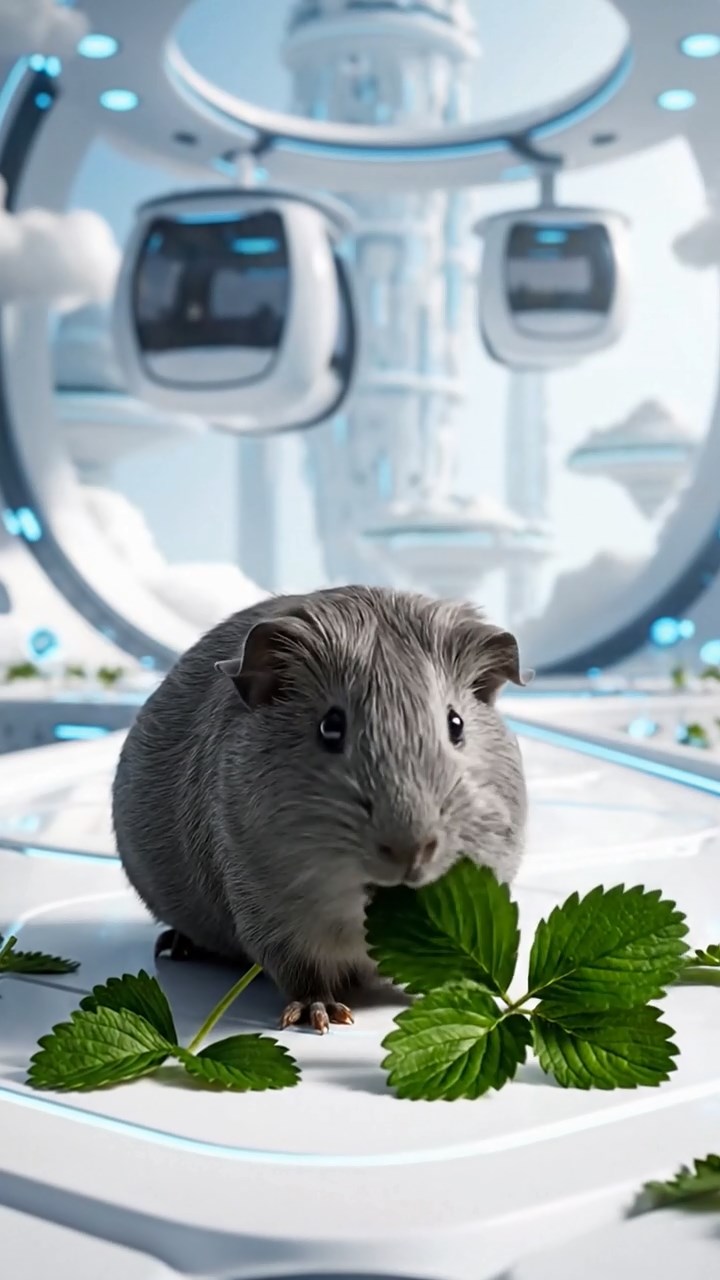 1227. Photorealistic photo of 1 smooth-haired Rex guinea pig with gray fur, munching on strawberry leaves, on a utopian cloud city walkway with anti-grav lifts.