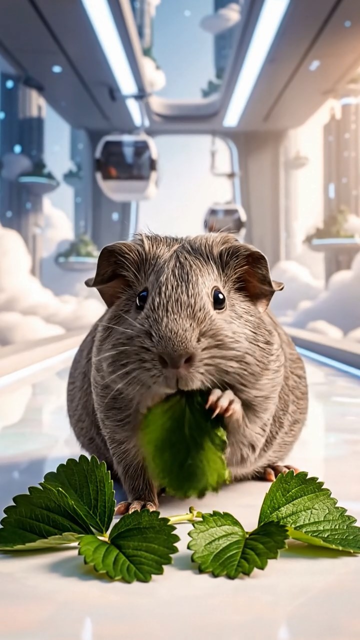 1227. Photorealistic photo of 1 smooth-haired Rex guinea pig with gray fur, munching on strawberry leaves, on a utopian cloud city walkway with anti-grav lifts.