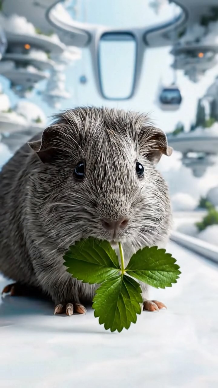 1227. Photorealistic photo of 1 smooth-haired Rex guinea pig with gray fur, munching on strawberry leaves, on a utopian cloud city walkway with anti-grav lifts.