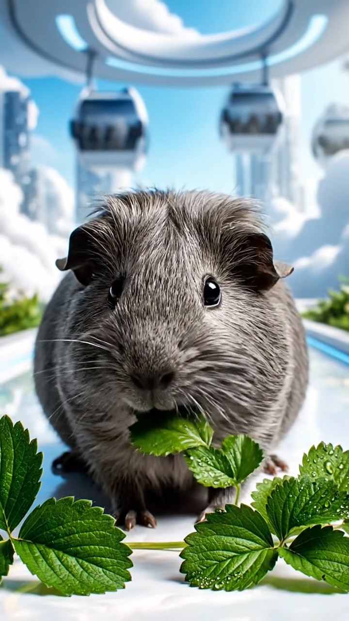 1227. Photorealistic photo of 1 smooth-haired Rex guinea pig with gray fur, munching on strawberry leaves, on a utopian cloud city walkway with anti-grav lifts.