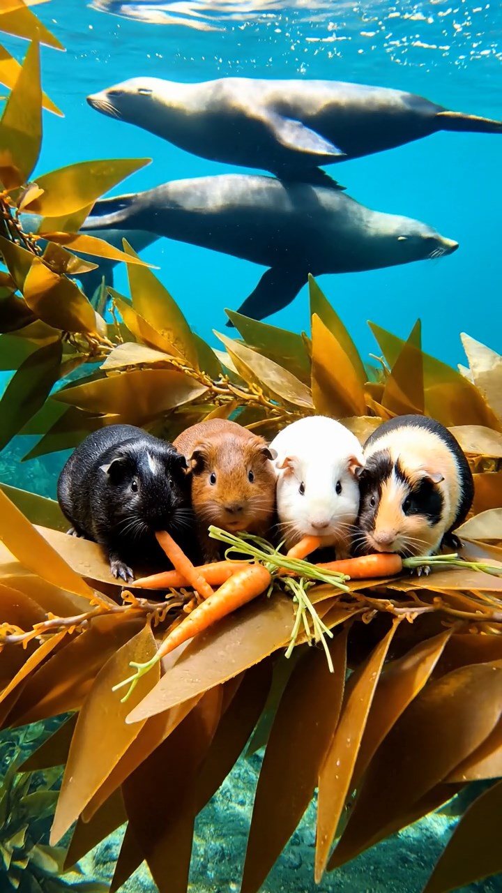 1228. Realistic depiction of 4 smooth-haired Coronet guinea pigs featuring black, brown, and cream coats, sharing carrot tops, in a Pacific kelp bed with sea lions swimming by.