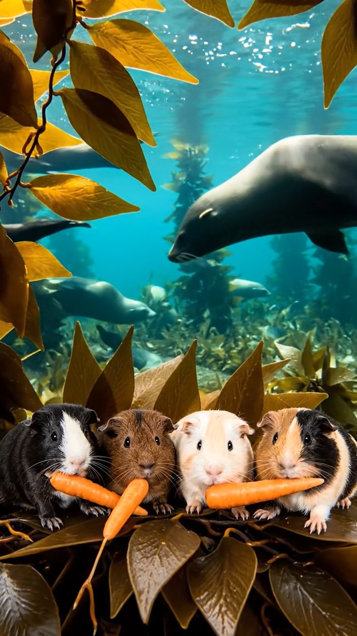 1228. Realistic depiction of 4 smooth-haired Coronet guinea pigs featuring black, brown, and cream coats, sharing carrot tops, in a Pacific kelp bed with sea lions swimming by.