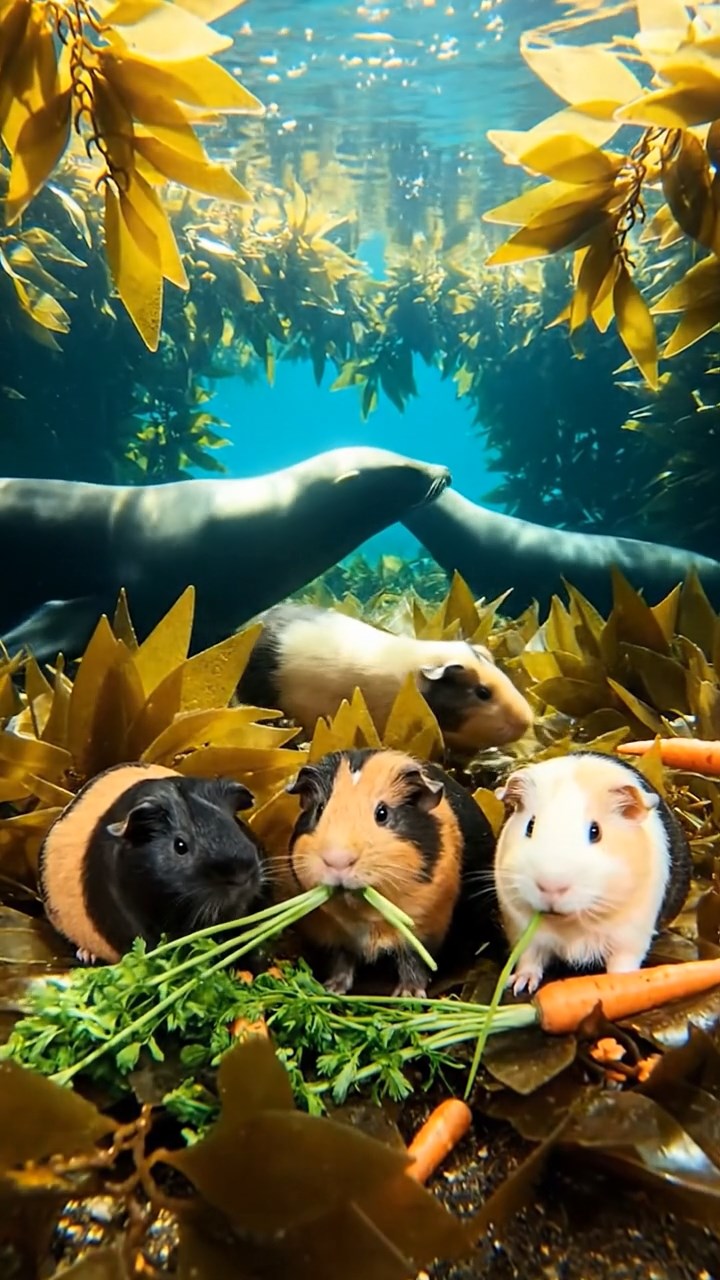1228. Realistic depiction of 4 smooth-haired Coronet guinea pigs featuring black, brown, and cream coats, sharing carrot tops, in a Pacific kelp bed with sea lions swimming by.