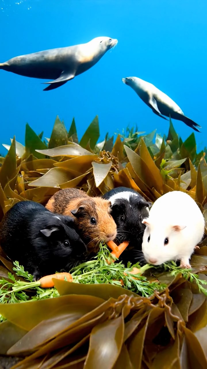 1228. Realistic depiction of 4 smooth-haired Coronet guinea pigs featuring black, brown, and cream coats, sharing carrot tops, in a Pacific kelp bed with sea lions swimming by.