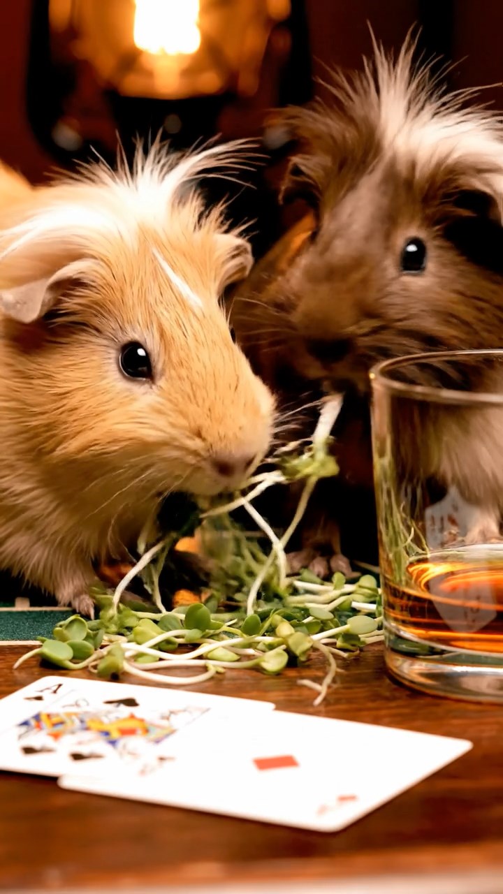 1229. Detailed image of 2 smooth-haired White Crested guinea pigs with fawn and chocolate fur, eating alfalfa sprouts, on a frontier saloon poker table with cards and whiskey.