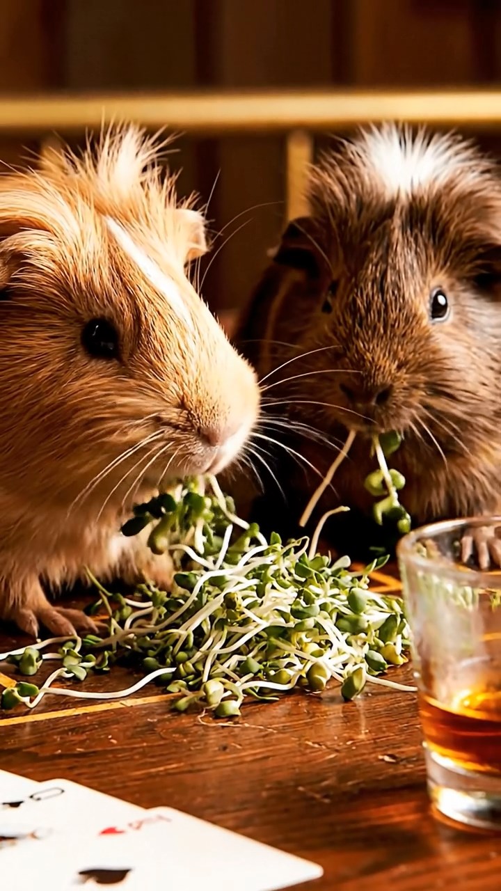 1229. Detailed image of 2 smooth-haired White Crested guinea pigs with fawn and chocolate fur, eating alfalfa sprouts, on a frontier saloon poker table with cards and whiskey.