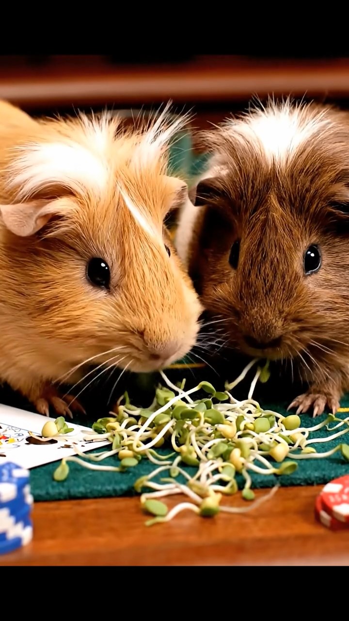 1229. Detailed image of 2 smooth-haired White Crested guinea pigs with fawn and chocolate fur, eating alfalfa sprouts, on a frontier saloon poker table with cards and whiskey.