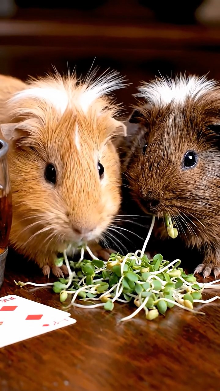 1229. Detailed image of 2 smooth-haired White Crested guinea pigs with fawn and chocolate fur, eating alfalfa sprouts, on a frontier saloon poker table with cards and whiskey.