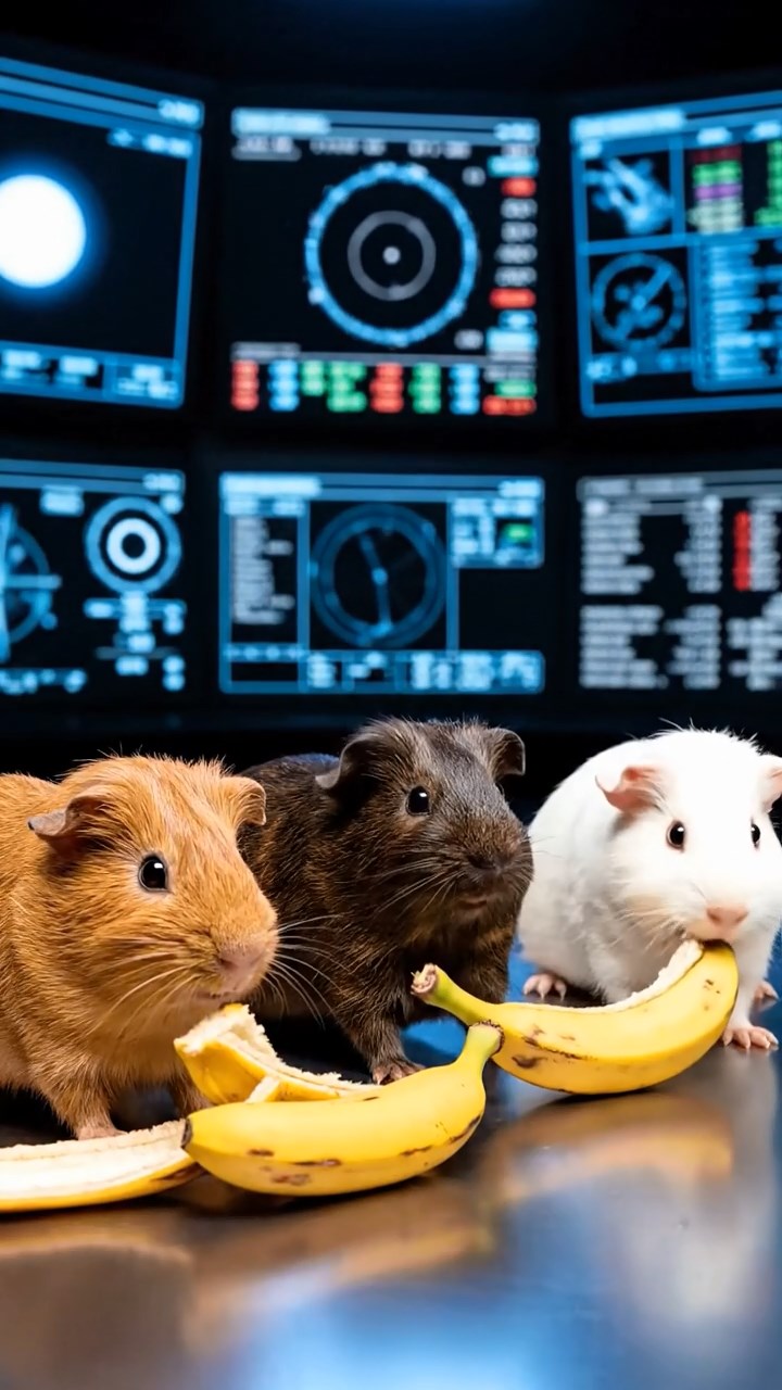 1230. Photorealistic scene of 3 smooth-haired Skinny guinea pigs in cinnamon, sable, and white colors, nibbling on banana peels, inside a hadron collider control room with screens flashing.