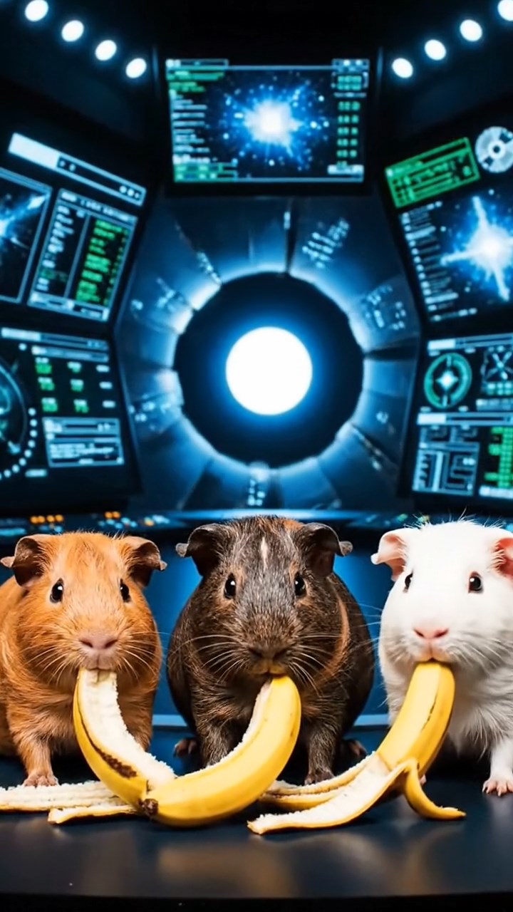 1230. Photorealistic scene of 3 smooth-haired Skinny guinea pigs in cinnamon, sable, and white colors, nibbling on banana peels, inside a hadron collider control room with screens flashing.