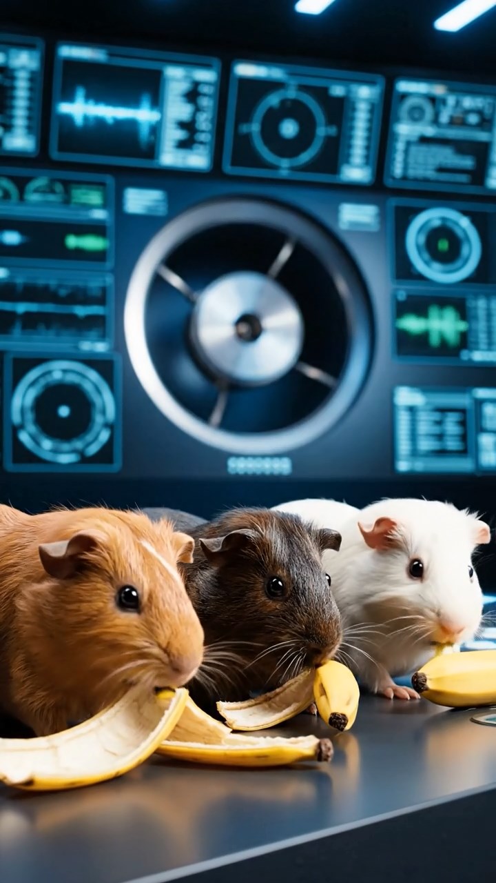 1230. Photorealistic scene of 3 smooth-haired Skinny guinea pigs in cinnamon, sable, and white colors, nibbling on banana peels, inside a hadron collider control room with screens flashing.