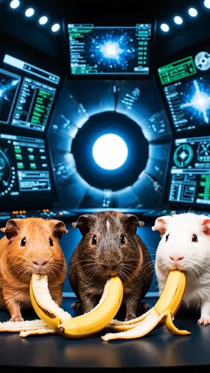 1230. Photorealistic scene of 3 smooth-haired Skinny guinea pigs in cinnamon, sable, and white colors, nibbling on banana peels, inside a hadron collider control room with screens flashing.