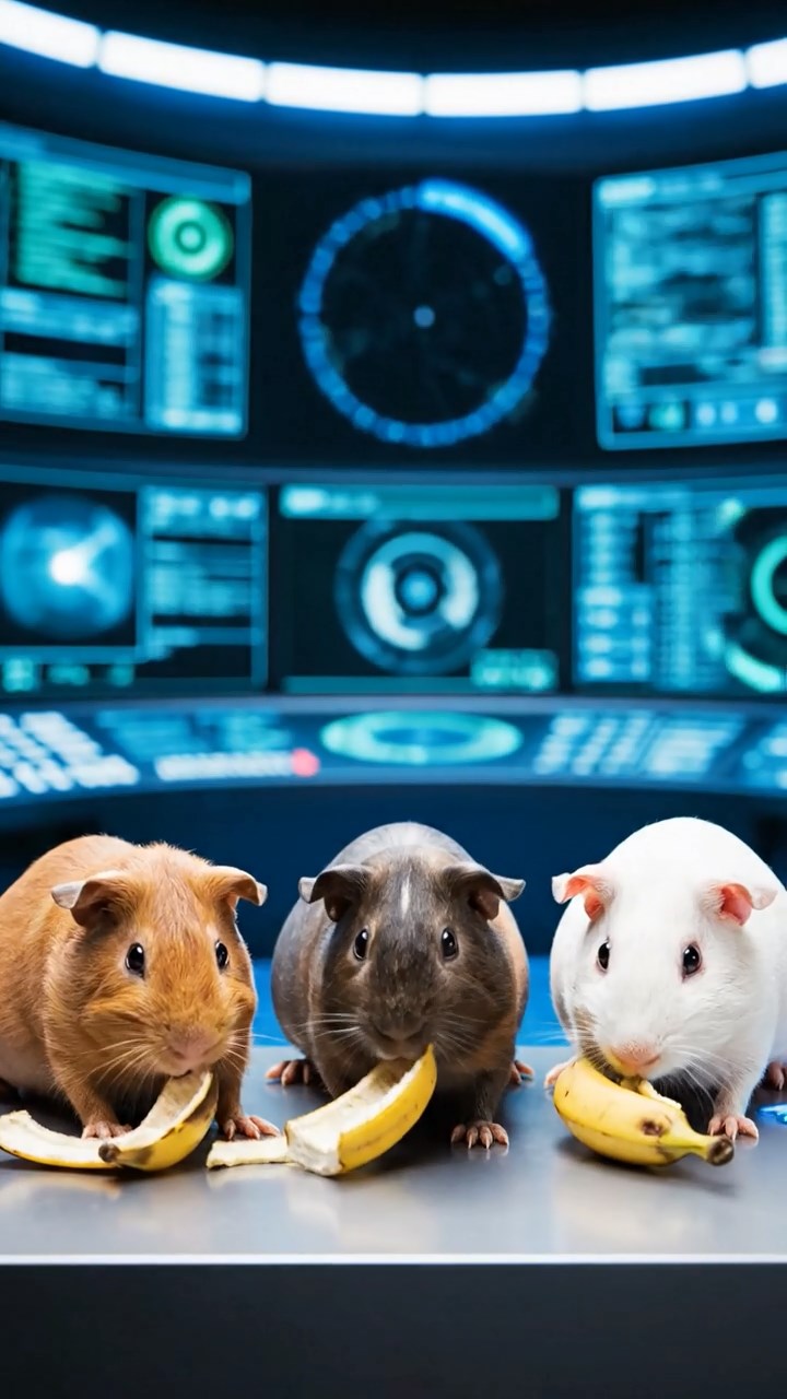 1230. Photorealistic scene of 3 smooth-haired Skinny guinea pigs in cinnamon, sable, and white colors, nibbling on banana peels, inside a hadron collider control room with screens flashing.