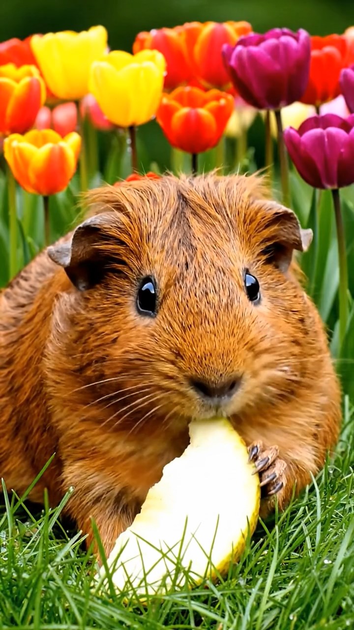 1232. Highly detailed view of 1 smooth-haired Abyssinian guinea pig with brown fur, munching on pear slices, in a vibrant Keukenhof tulip garden with colorful blooms.