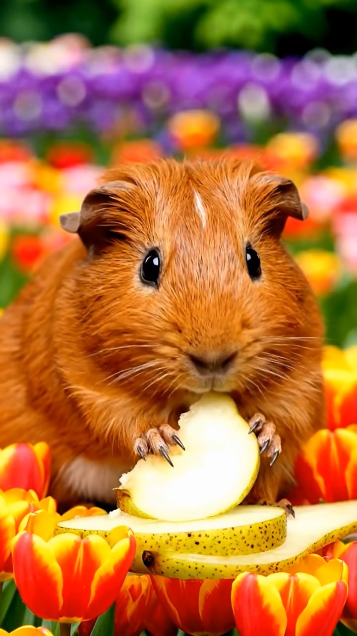 1232. Highly detailed view of 1 smooth-haired Abyssinian guinea pig with brown fur, munching on pear slices, in a vibrant Keukenhof tulip garden with colorful blooms.