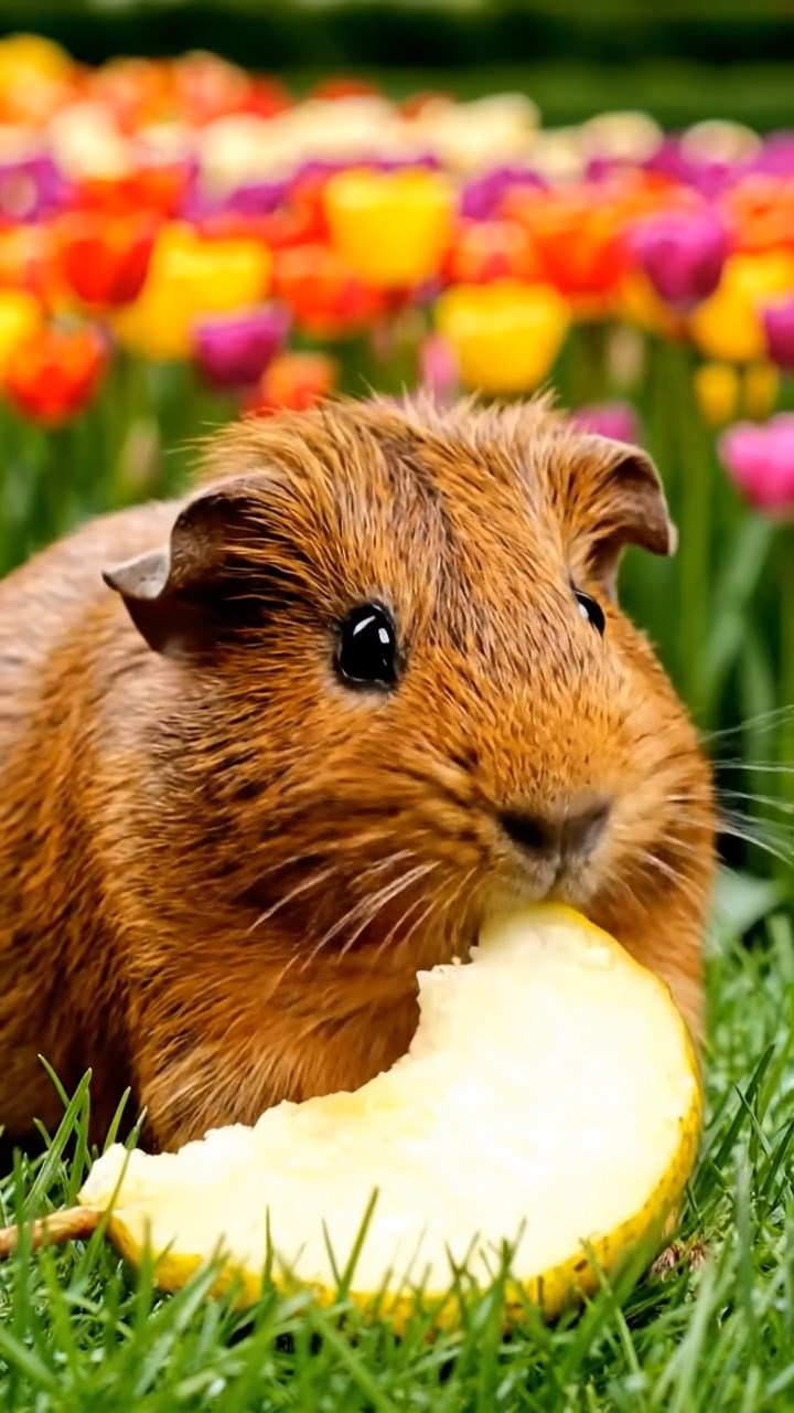 1232. Highly detailed view of 1 smooth-haired Abyssinian guinea pig with brown fur, munching on pear slices, in a vibrant Keukenhof tulip garden with colorful blooms.