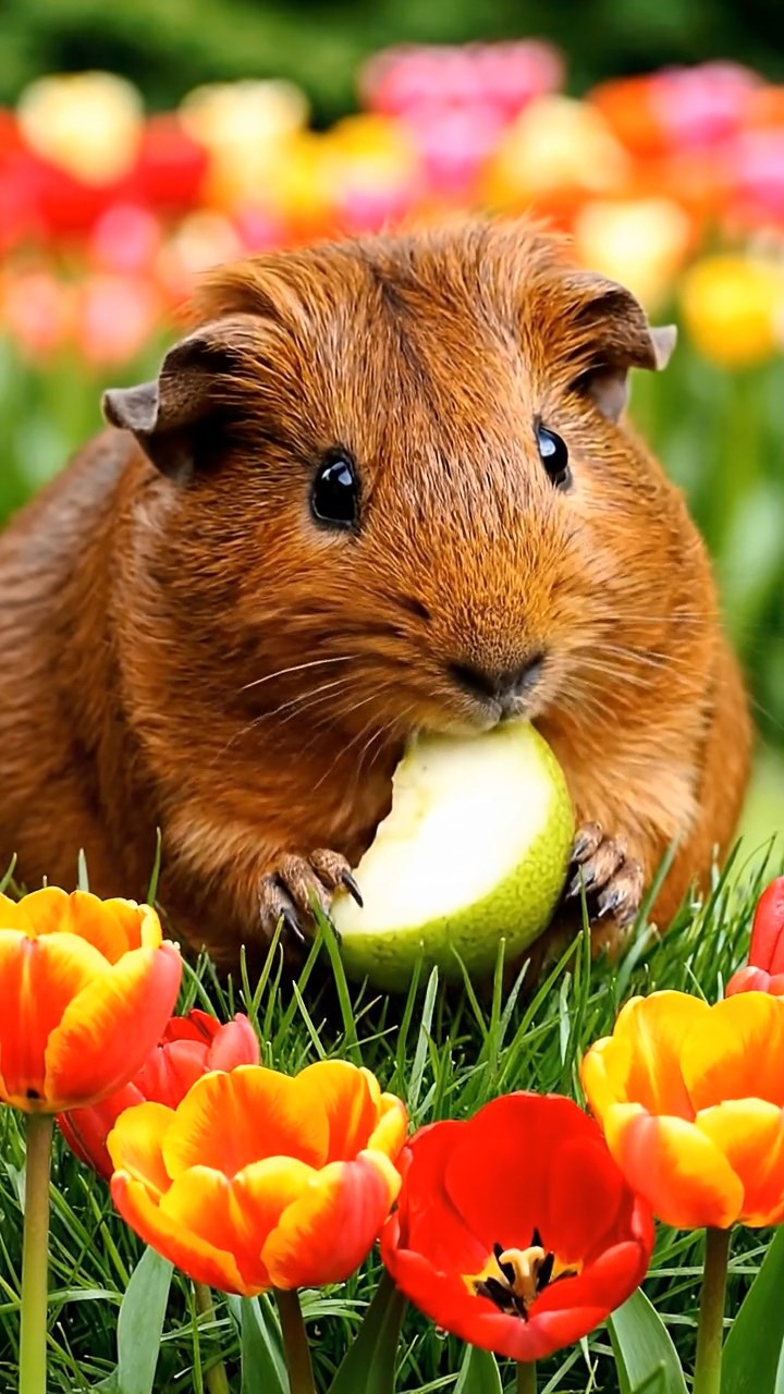 1232. Highly detailed view of 1 smooth-haired Abyssinian guinea pig with brown fur, munching on pear slices, in a vibrant Keukenhof tulip garden with colorful blooms.