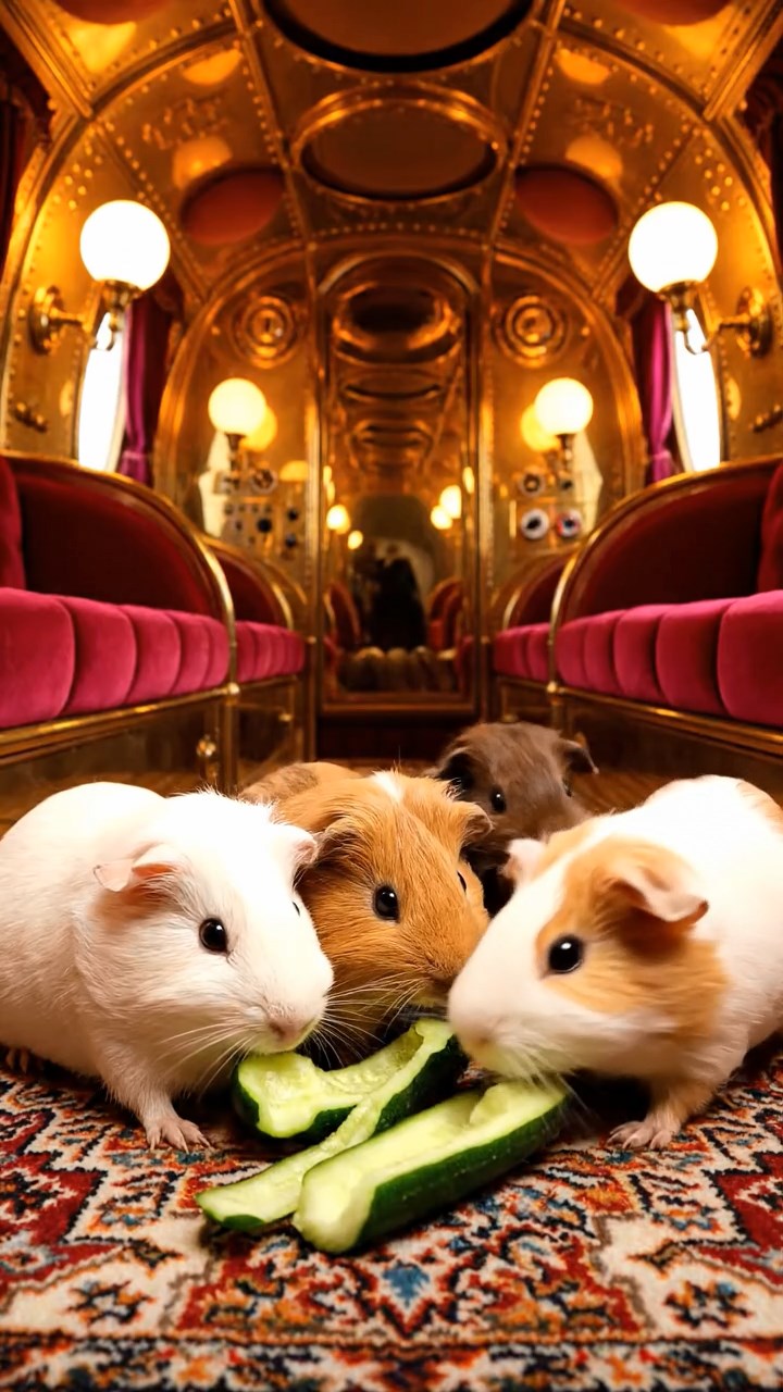 1233. Photorealistic image of 4 smooth-haired Peruvian guinea pigs featuring cream, fawn, and chocolate coats, sharing cucumber peels, inside a brass-laden zeppelin airship gondola.