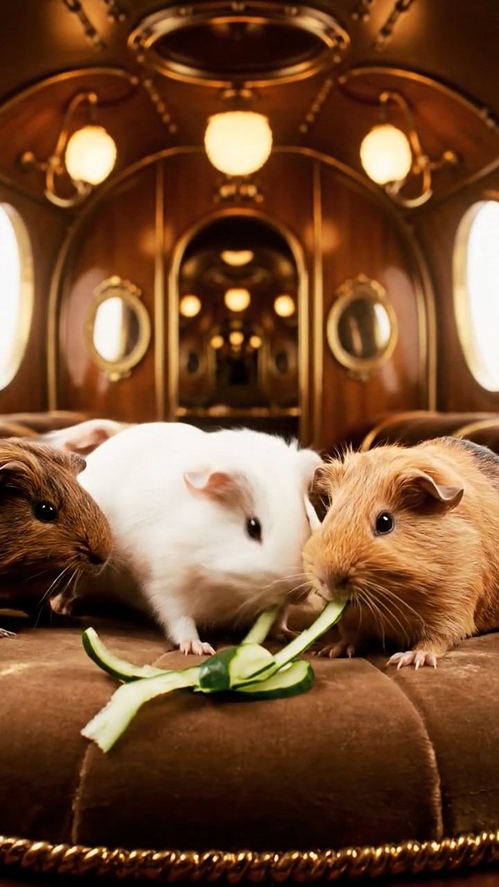 1233. Photorealistic image of 4 smooth-haired Peruvian guinea pigs featuring cream, fawn, and chocolate coats, sharing cucumber peels, inside a brass-laden zeppelin airship gondola.